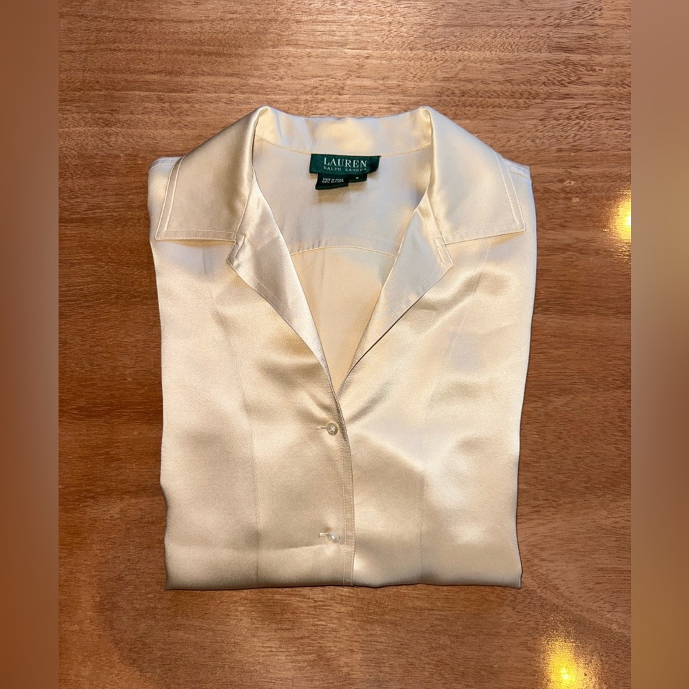 Ralph Lauren Women's White Gold Silk Button-Down Blouse - Size 8